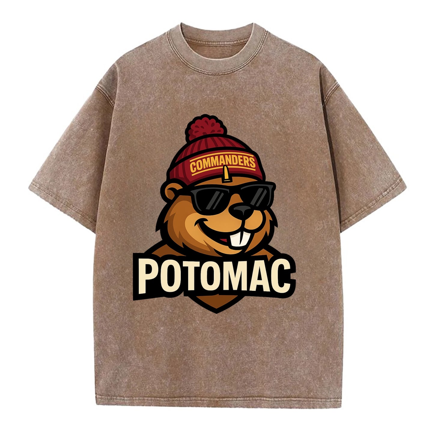 Potomac Beaver wearing Commanders beanie with monument patch and wayfarer - Vintage T-shirt - Brown