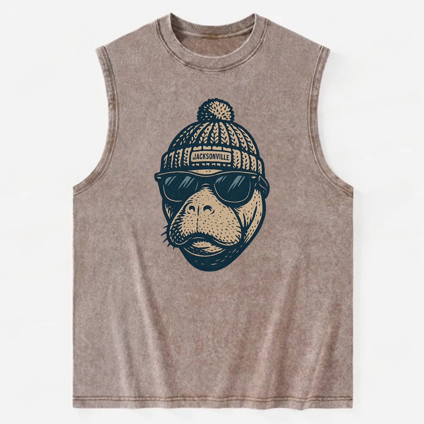 Jacksonville Manatee wearing Jacksonville beanie with pom pom and wayfarer - Vintage Washed Tank - Brown