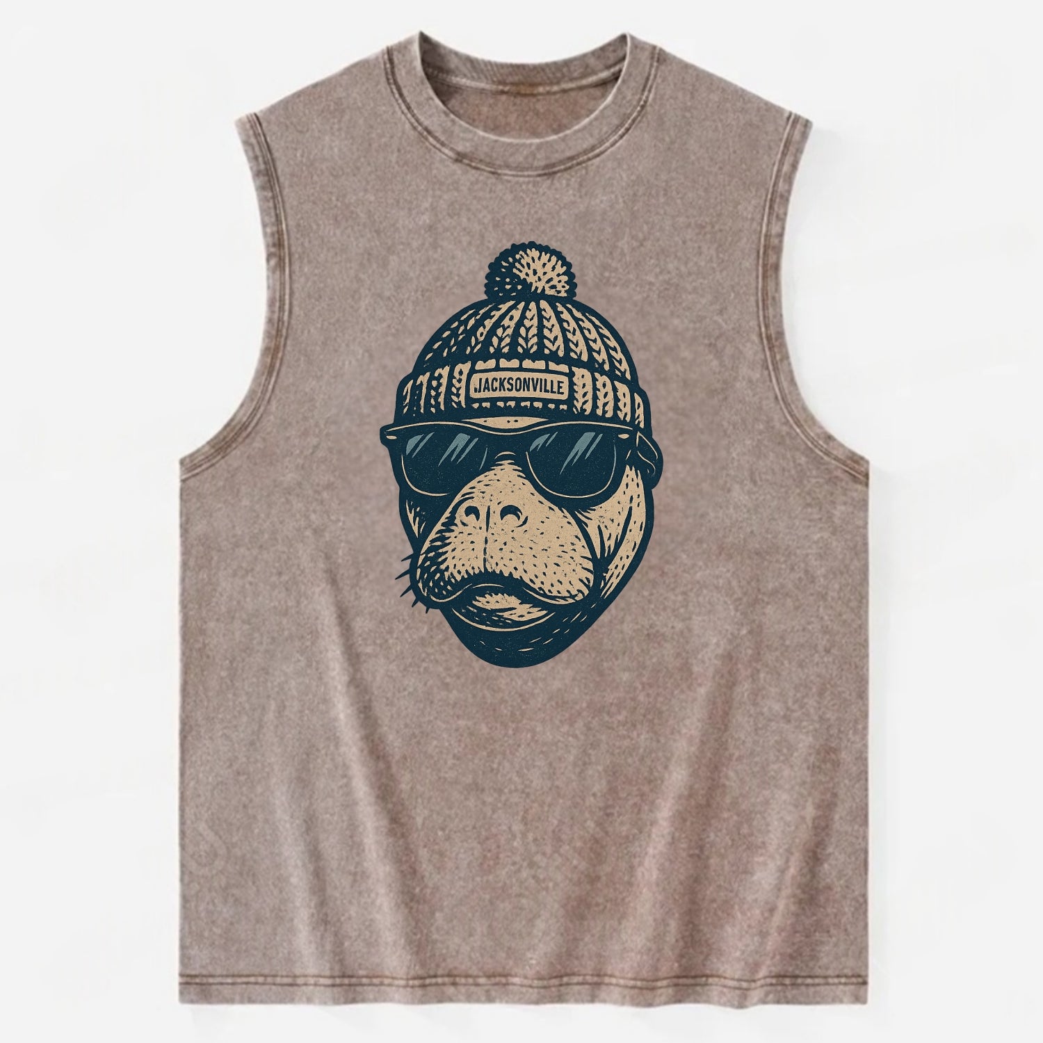 Jacksonville Manatee wearing Jacksonville beanie with pom pom and wayfarer - Vintage Washed Tank - Brown