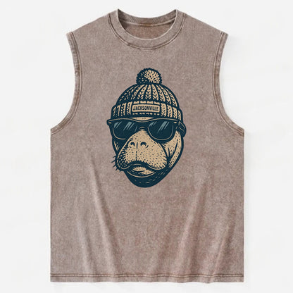 Jacksonville Manatee wearing Jacksonville beanie with pom pom and wayfarer - Vintage Washed Tank - Brown