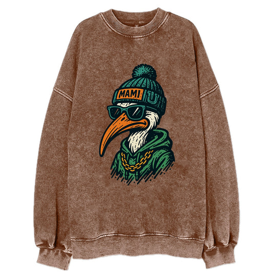 Coral Gables Ibis wearing Miami beanie with U patch - Vintage Sweatshirt - Brown
