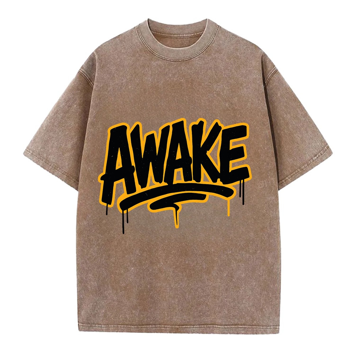 Bold typography design - "AWAKE" - conscious, aware, alert - Vintage T-shirt - Brown