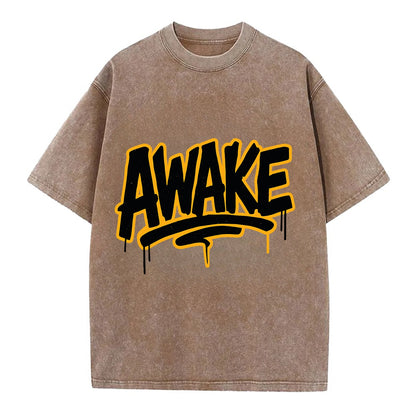 Bold typography design - "AWAKE" - conscious, aware, alert - Vintage T-shirt - Brown