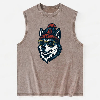 Storrs Husky wearing UConn beanie with C patch - Vintage Washed Tank - Brown