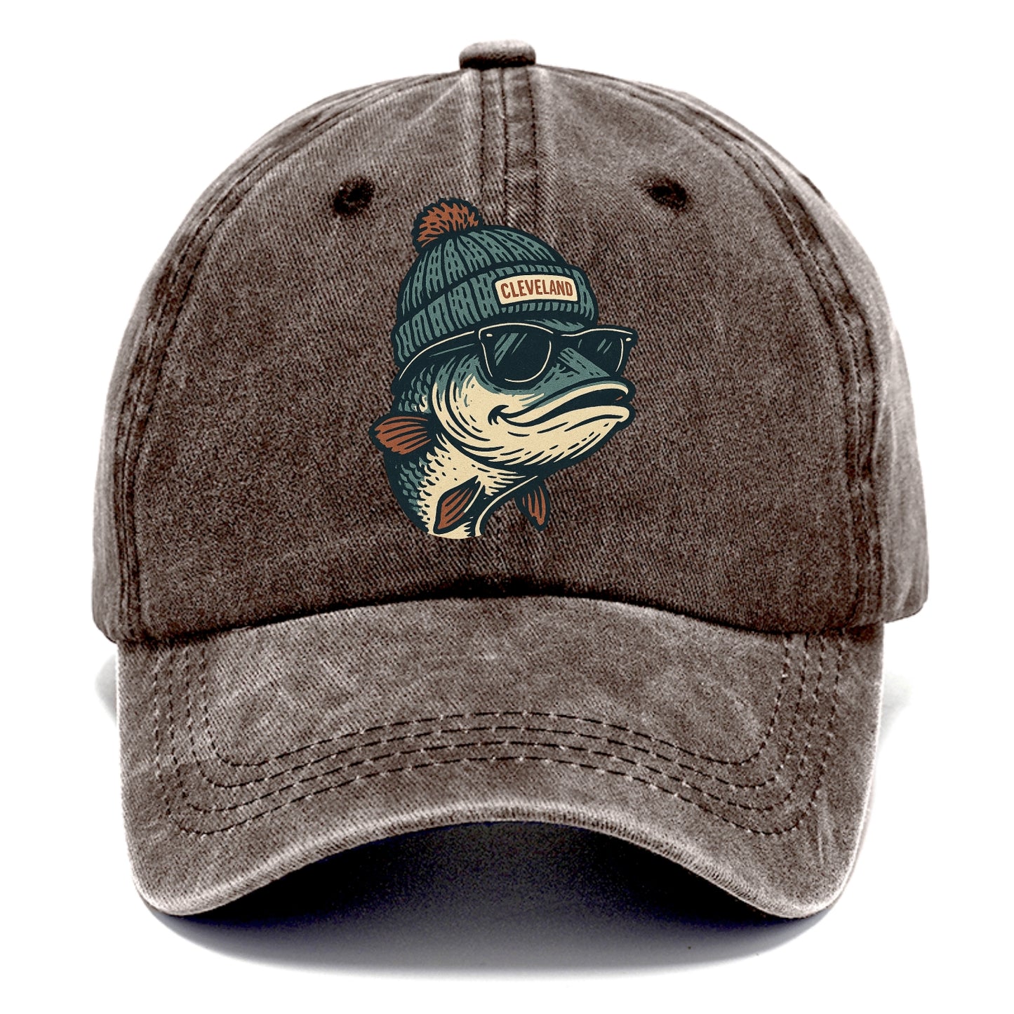 Cleveland Lake Erie Walleye wearing Cleveland beanie with pom pom and wayfarer - Classic Cap - Brown