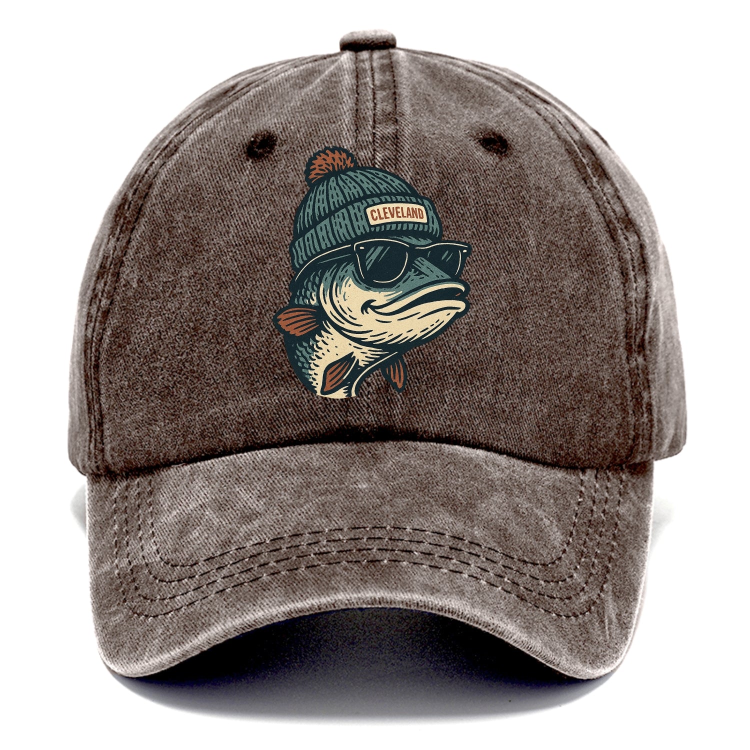 Cleveland Lake Erie Walleye wearing Cleveland beanie with pom pom and wayfarer - Classic Cap - Brown
