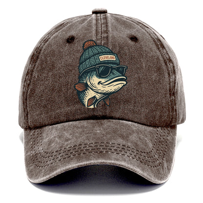 Cleveland Lake Erie Walleye wearing Cleveland beanie with pom pom and wayfarer - Classic Cap - Brown
