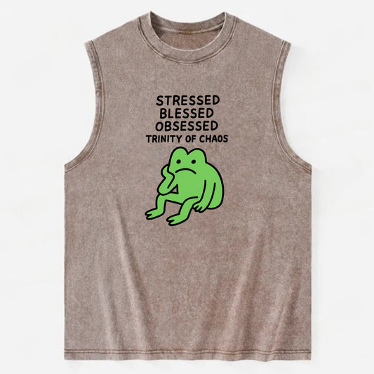STRESSED BLESSED OBSESSED | Trinity of chaos - Vintage Washed Tank - Brown