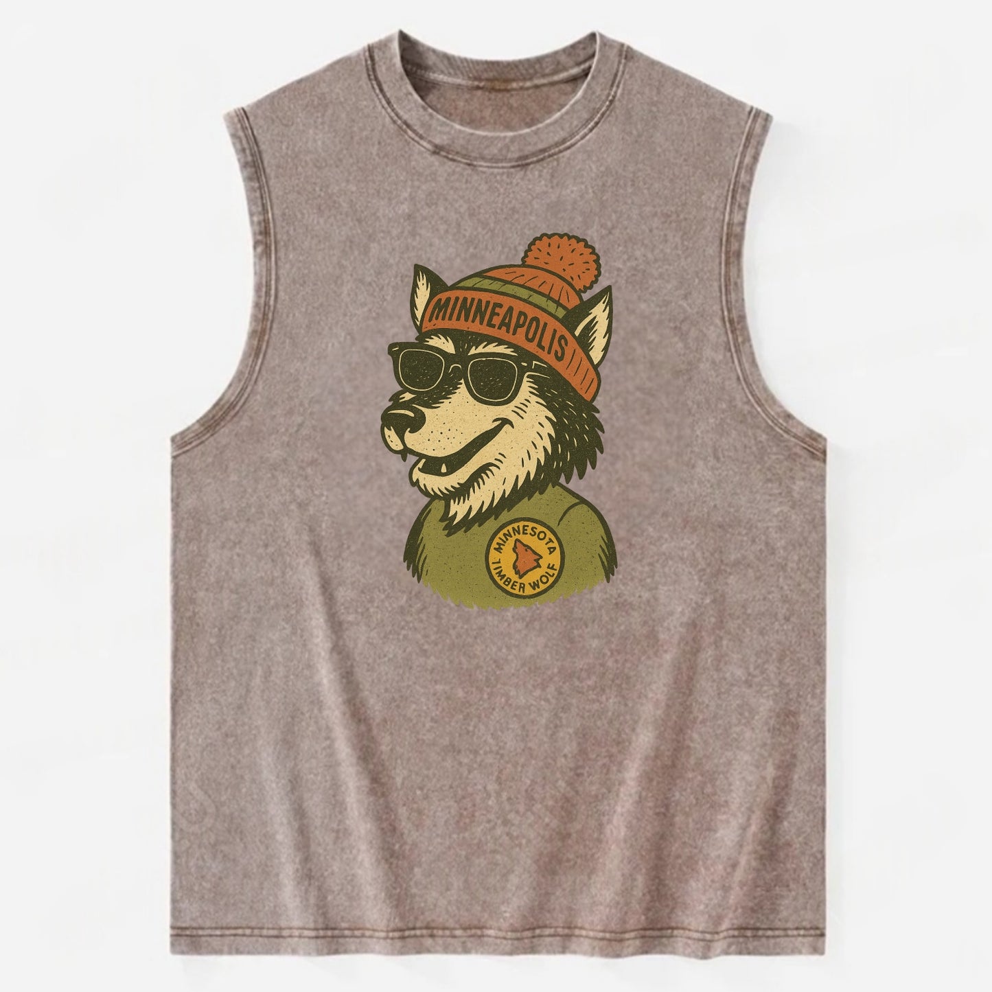 Minnesota Timber Wolf wearing Minneapolis beanie with pom pom and wayfarer - Vintage Washed Tank - Brown