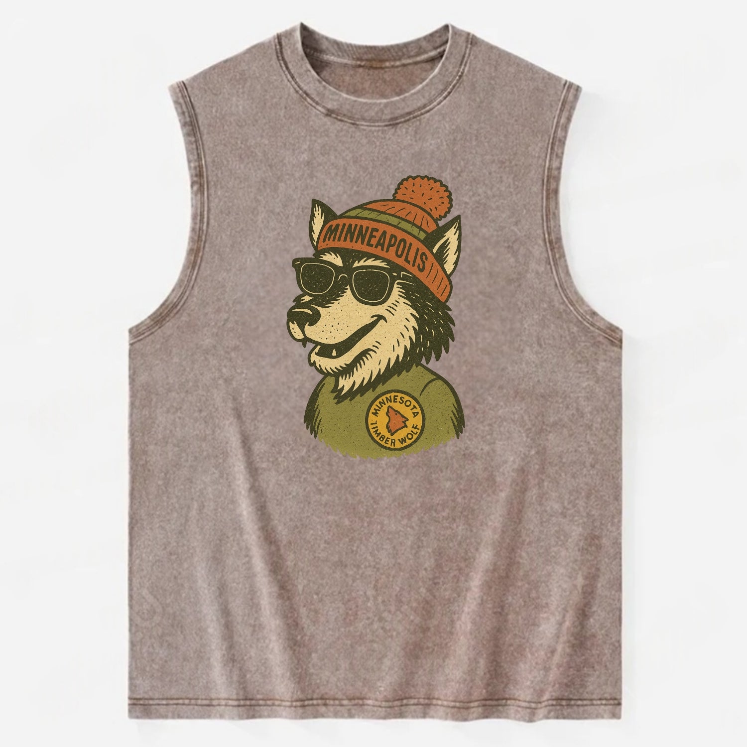 Minnesota Timber Wolf wearing Minneapolis beanie with pom pom and wayfarer - Vintage Washed Tank - Brown
