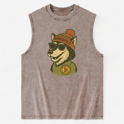 Minnesota Timber Wolf wearing Minneapolis beanie with pom pom and wayfarer - Vintage Washed Tank - Brown