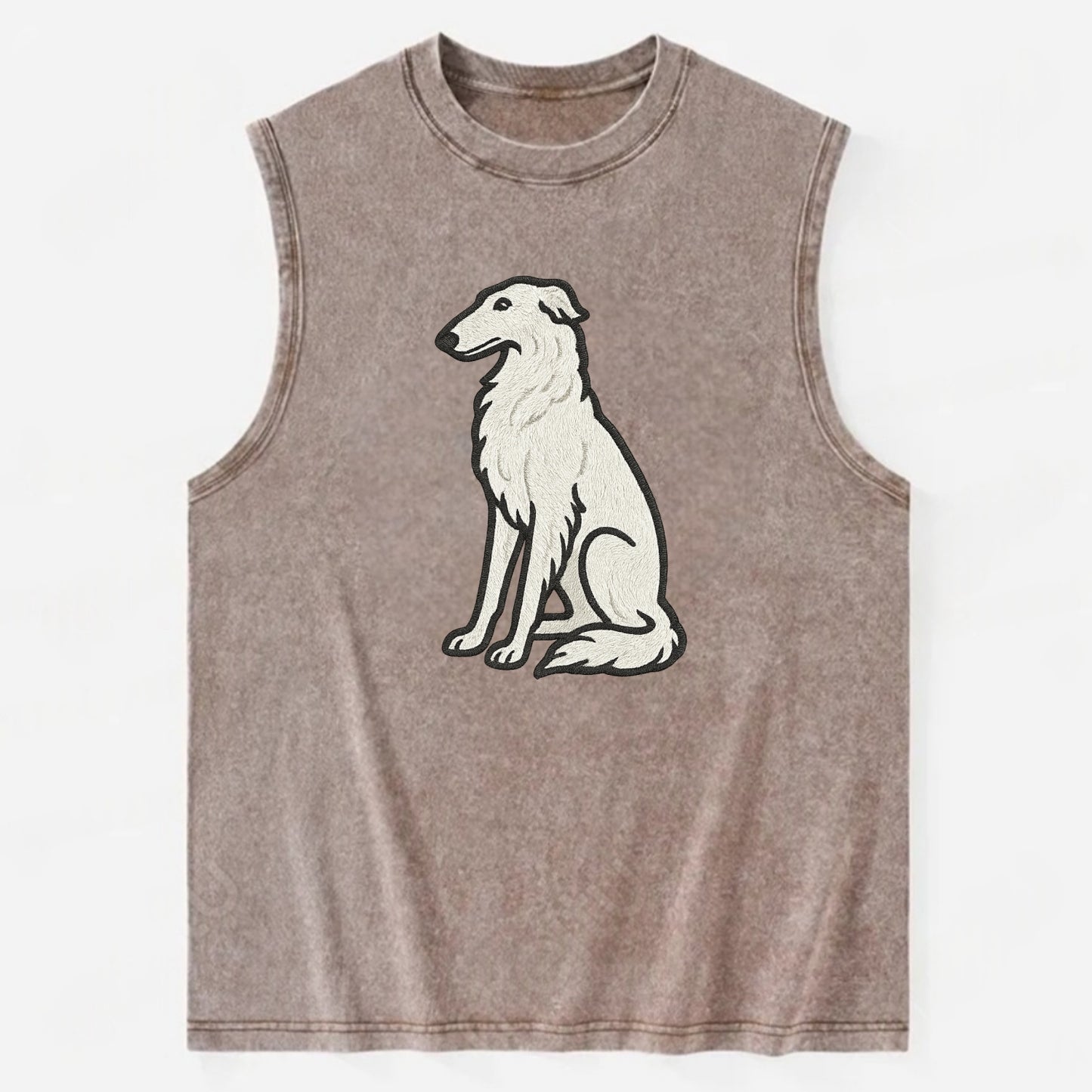 Borzoi - White embroidered sitting pose - Vintage Washed Tank - Brown
