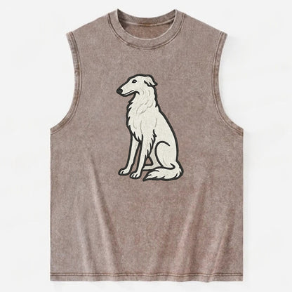 Borzoi - White embroidered sitting pose - Vintage Washed Tank - Brown