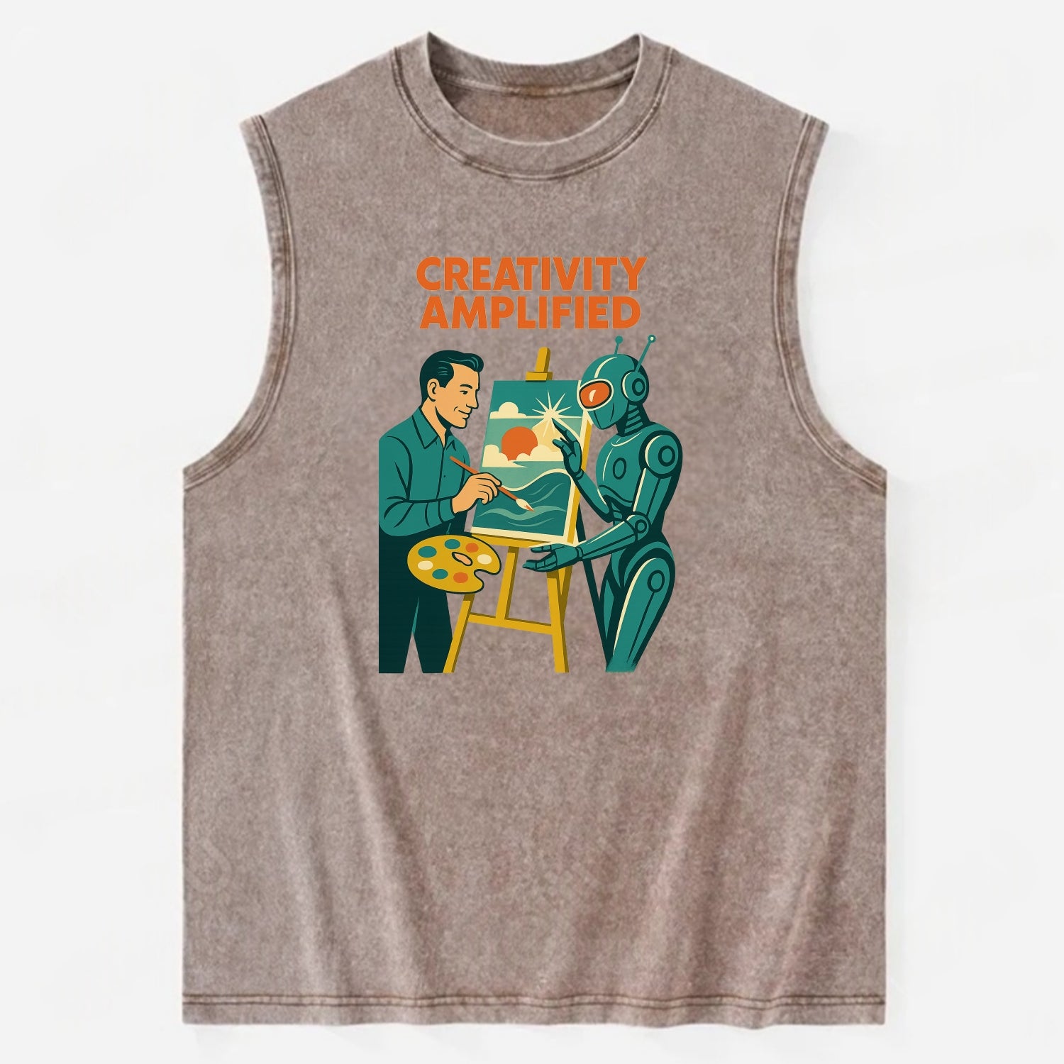 Artist and AI creating beautiful masterpiece together - "Creativity - Vintage Washed Tank - Brown