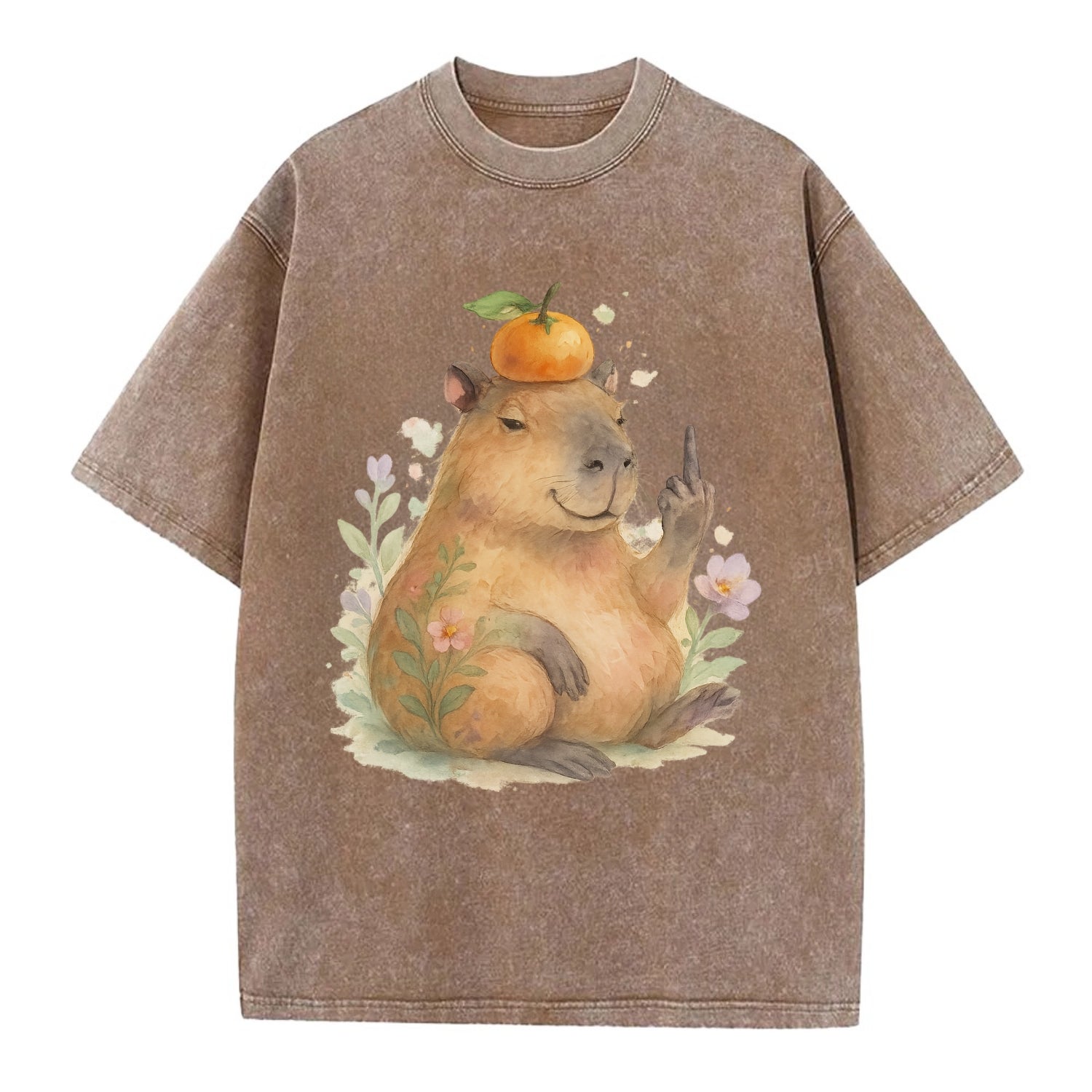 chonky capybara relaxing with orange on head, one webbed middle finger up - Vintage T-shirt - Brown