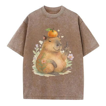 chonky capybara relaxing with orange on head, one webbed middle finger up - Vintage T-shirt - Brown