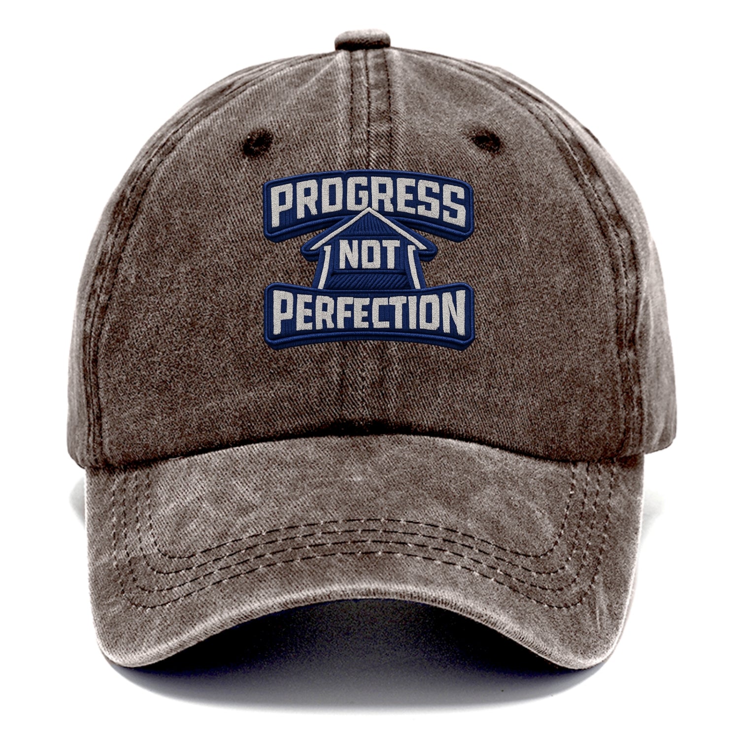 PROGRESS NOT PERFECTION - arrow with text in blue , growth mindset - Classic Cap - Brown