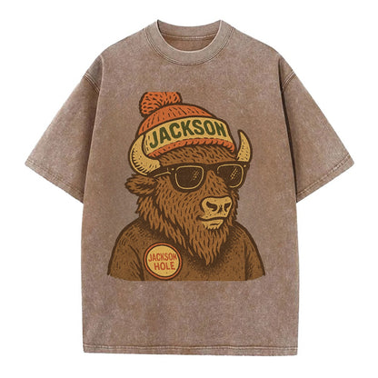 Jackson Hole Bison wearing Jackson beanie with pom pom and wayfarer sunglasses - Vintage T-shirt - Brown