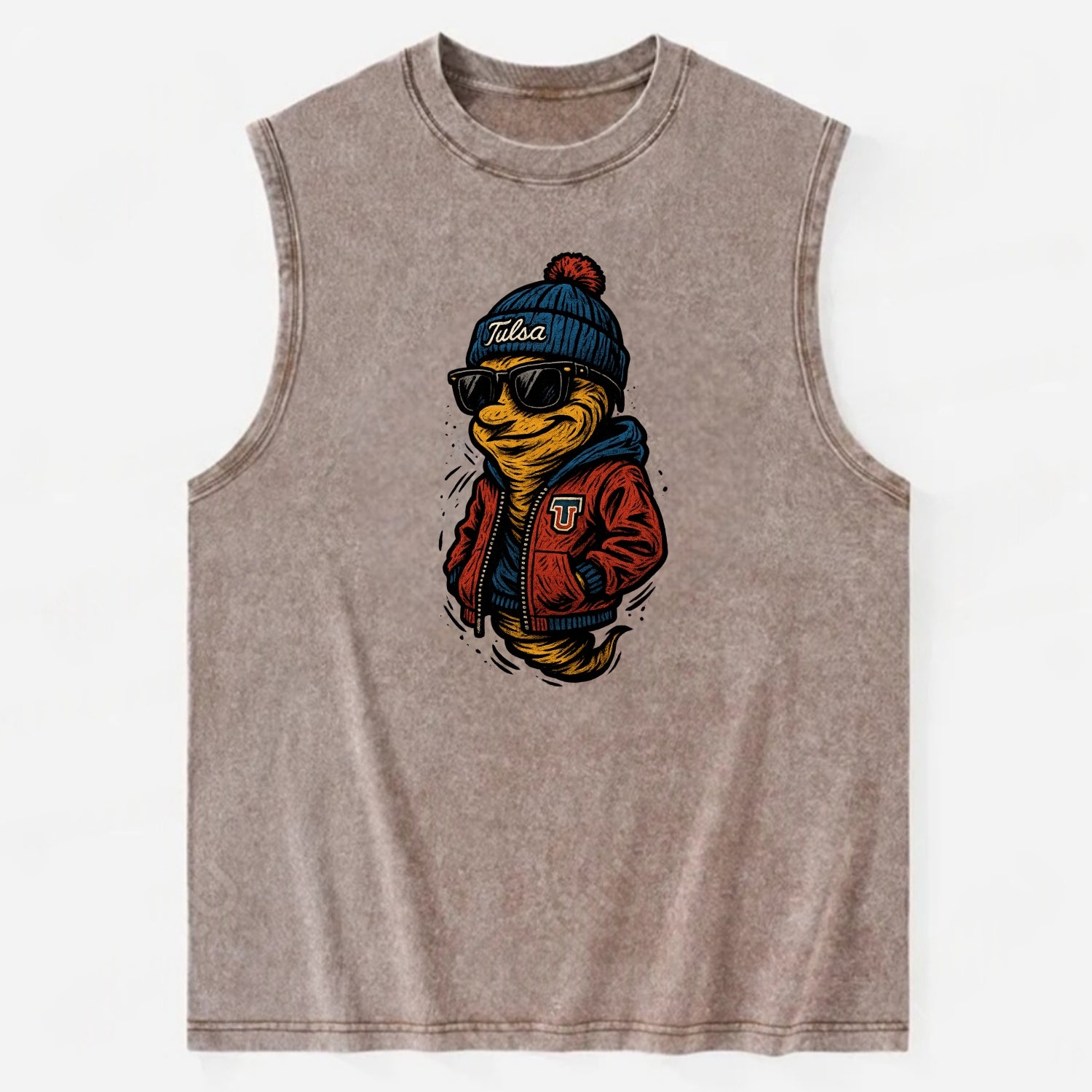 Tulsa Hurricane wearing Tulsa beanie with TU patch - Vintage Washed Tank - Brown