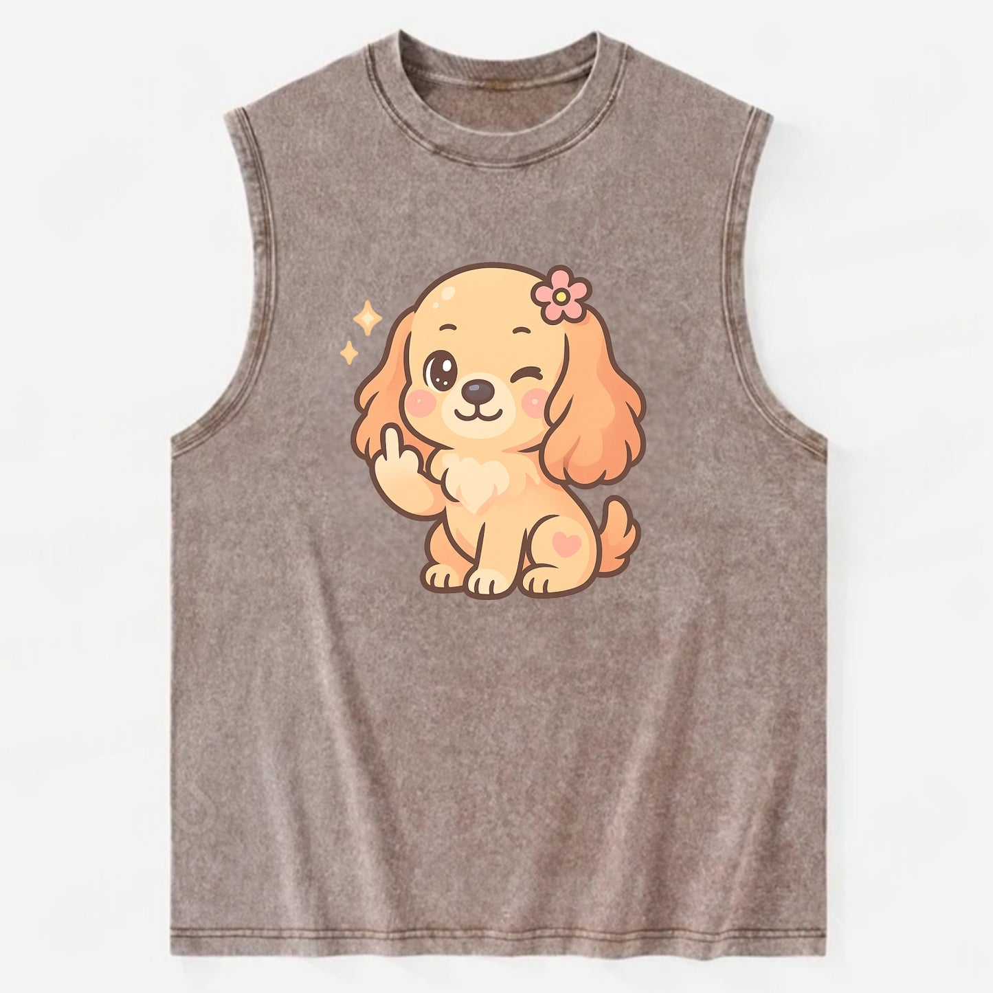 Cocker Spaniel with long wavy ears, gentle face, paw flipping off - Vintage Washed Tank - Brown