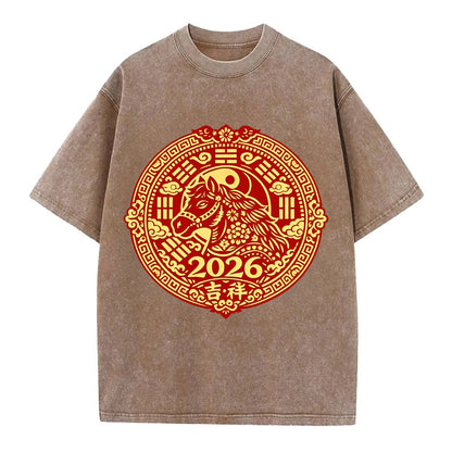 LUCKY HORSE MEDALLION | Circular medallion with horse profile | Intricate Chinese - Vintage T-shirt - Brown