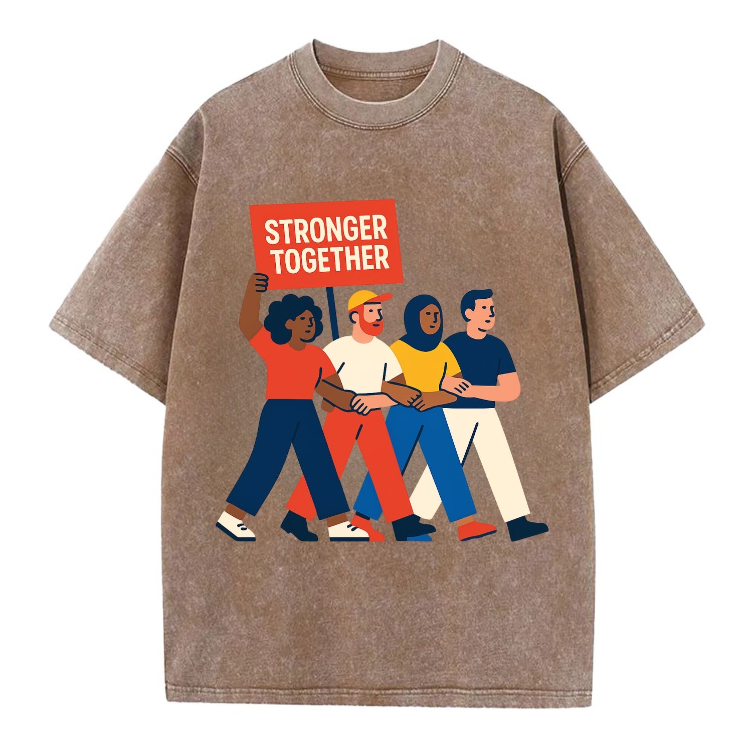 Peaceful protesters marching with linked arms - "Stronger Together" - solidarity - Vintage T-shirt - Brown