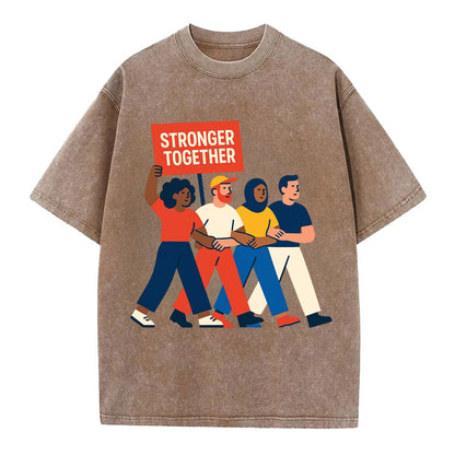 Peaceful protesters marching with linked arms - "Stronger Together" - solidarity - Vintage T-shirt - Brown