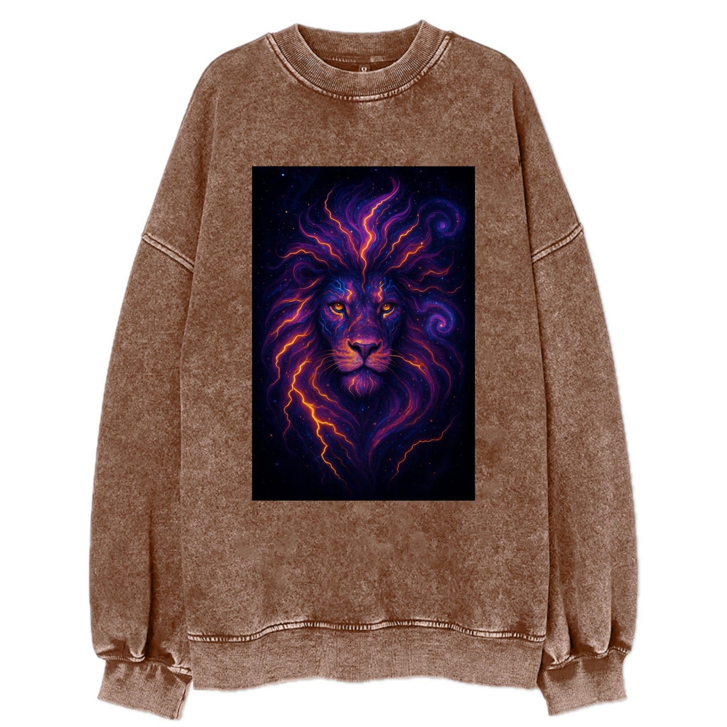 Regal lion with mane made of electric currents, neon yellow and hot pink - Vintage Sweatshirt - Brown