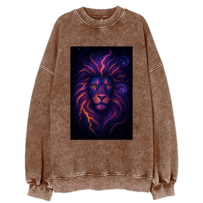 Regal lion with mane made of electric currents, neon yellow and hot pink - Vintage Sweatshirt - Brown