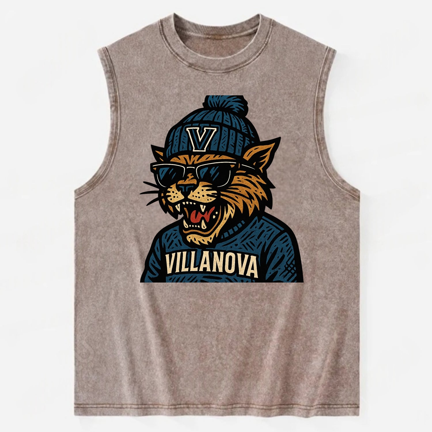 Villanova Wildcat wearing Villanova beanie with V patch - Vintage Washed Tank - Brown