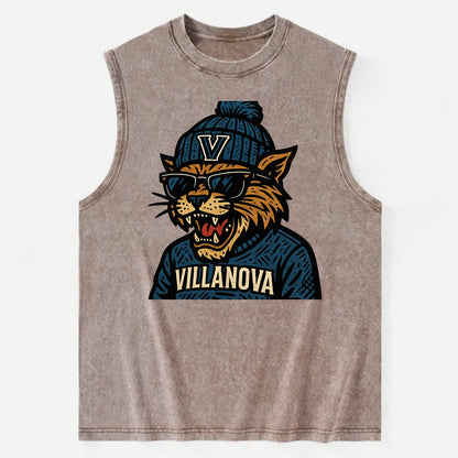 Villanova Wildcat wearing Villanova beanie with V patch - Vintage Washed Tank - Brown