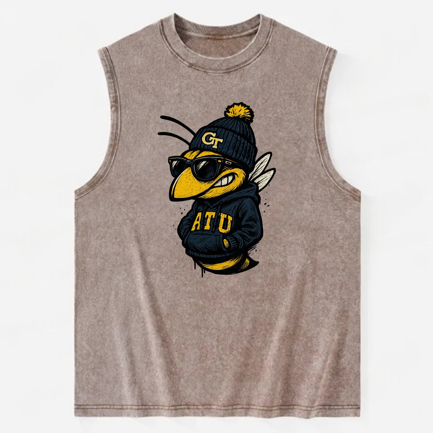 Atlanta Yellow Jacket wearing Georgia Tech beanie with GT patch - Vintage Washed Tank - Brown