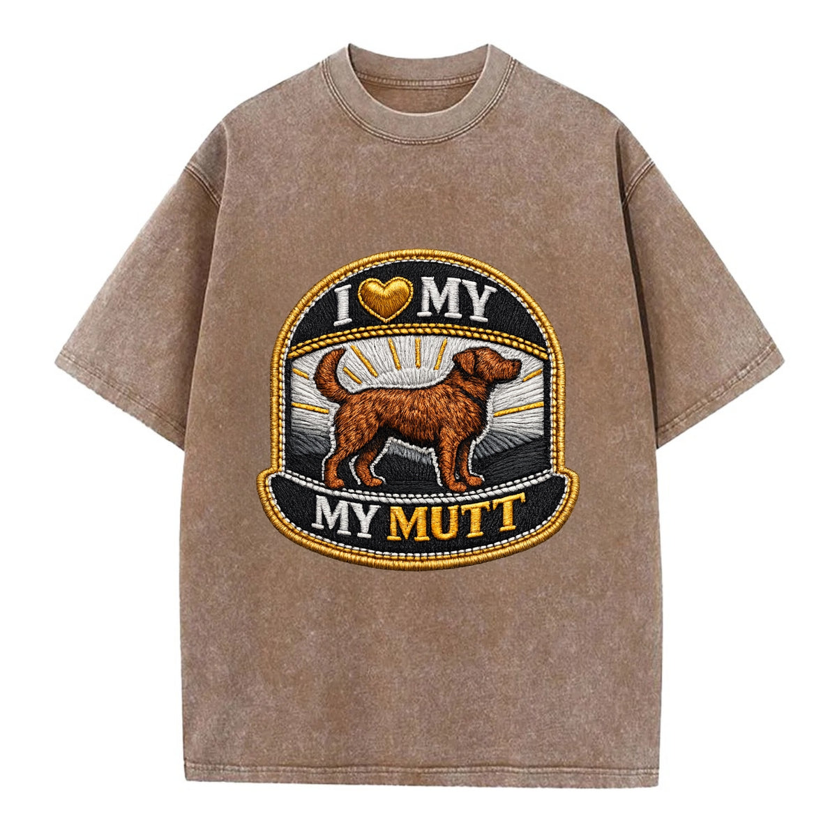I LOVE MY MUTT - mixed breed silhouette in brown , rescue pride - Vintage T-shirt - Brown