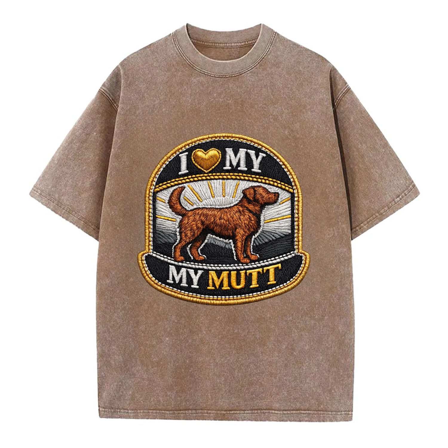 I LOVE MY MUTT - mixed breed silhouette in brown , rescue pride - Vintage T-shirt - Brown