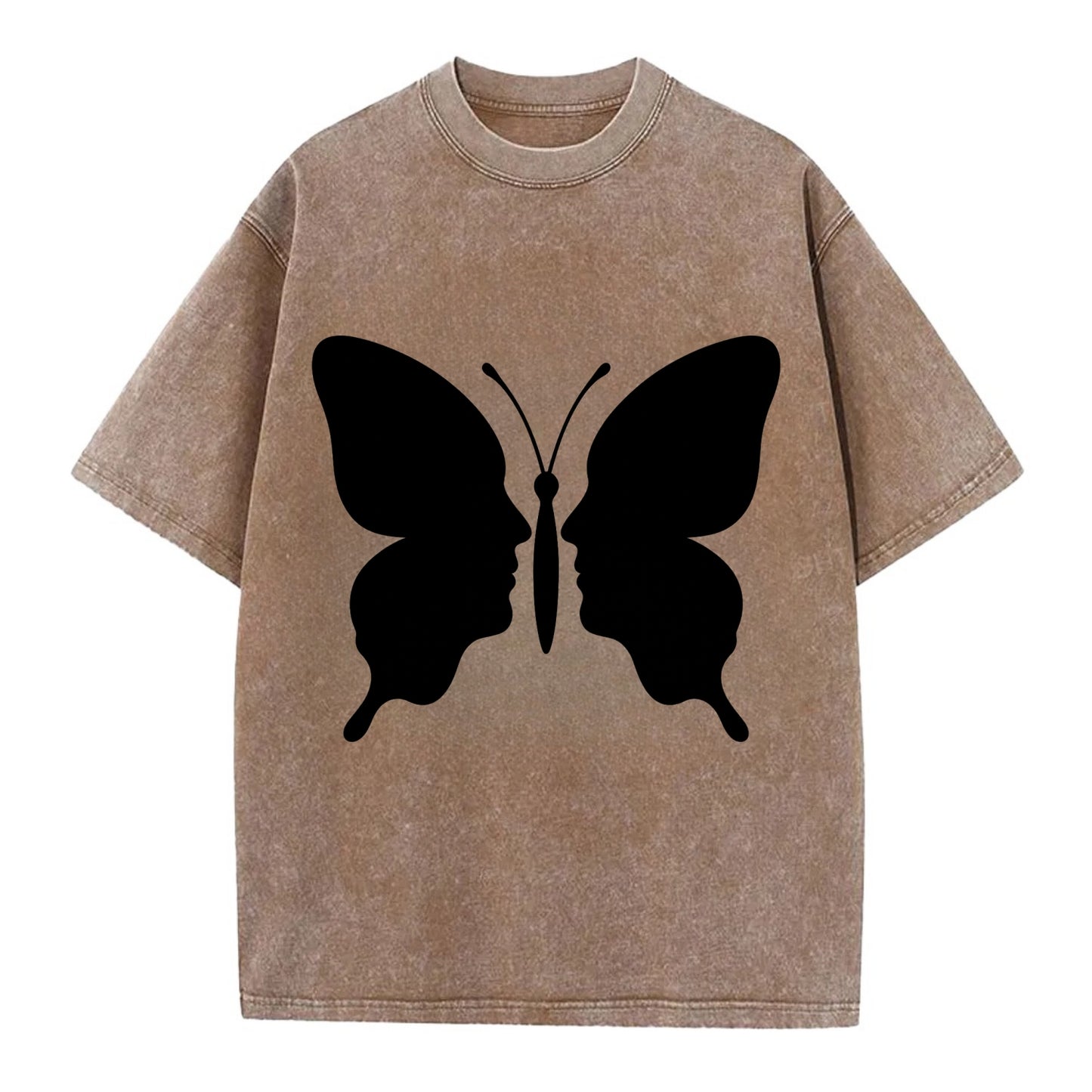 Butterfly wings - negative space reveals hidden faces or patterns - Vintage T-shirt - Brown