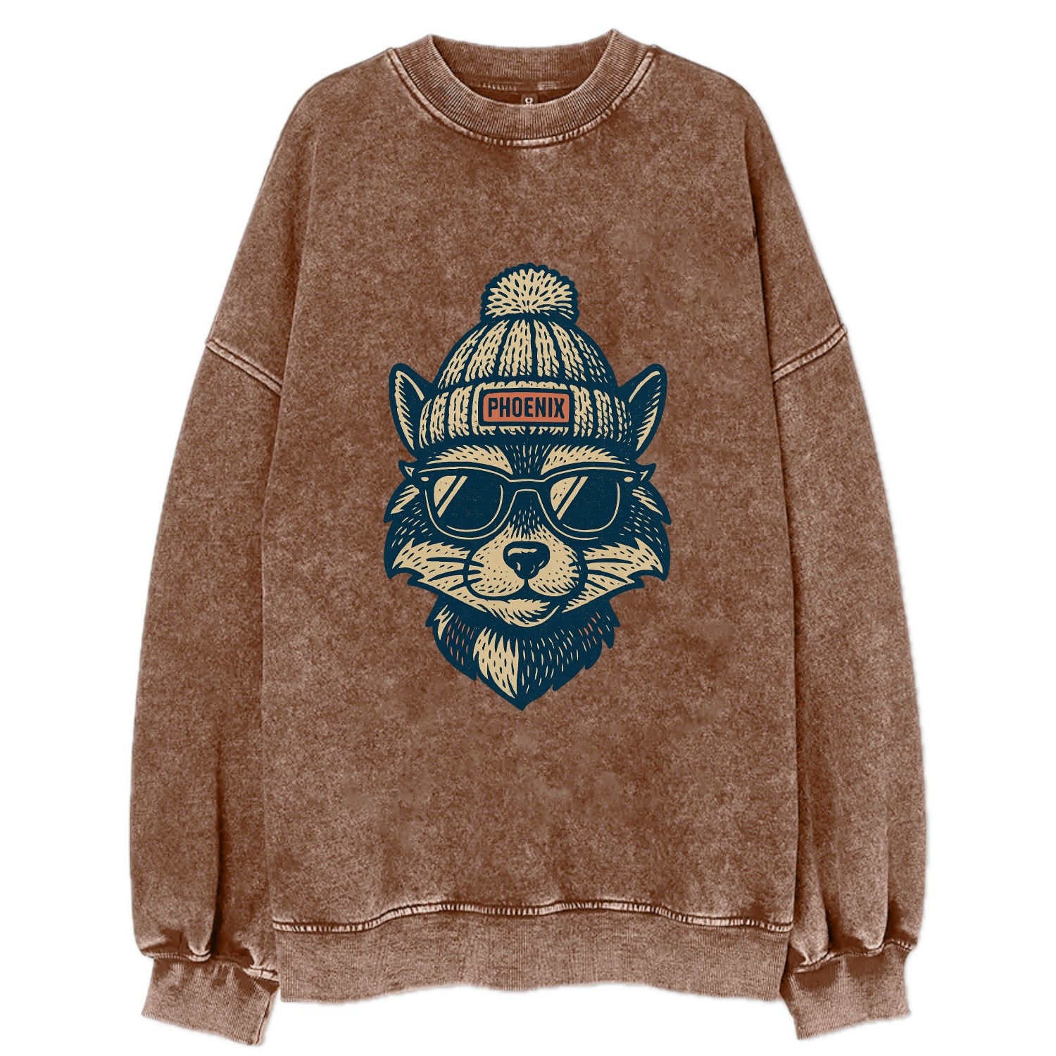 Arizona Ringtail wearing Phoenix beanie with pom pom and wayfarer sunglasses - Vintage Sweatshirt - Brown