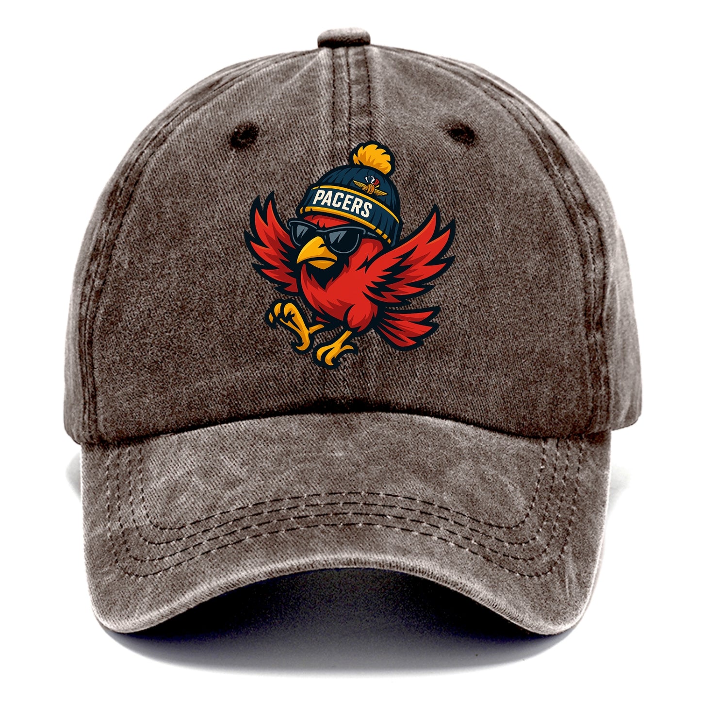 Indiana Cardinal wearing Pacers beanie with speedway patch and wayfarer sunglasses - Classic Cap - Brown