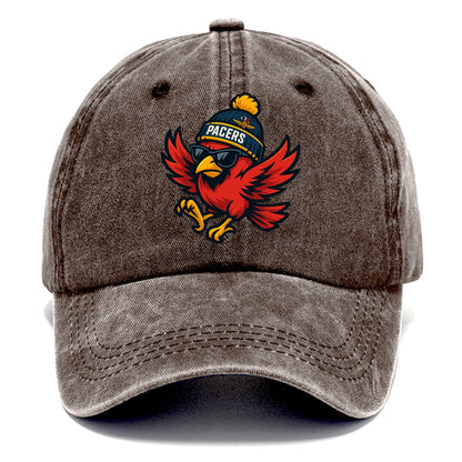 Indiana Cardinal wearing Pacers beanie with speedway patch and wayfarer sunglasses - Classic Cap - Brown