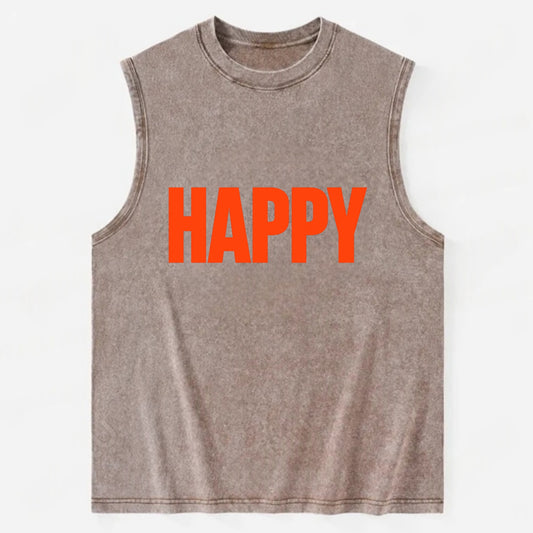 Bold typography design - "HAPPY" - joyful, content, pleased - Vintage Washed Tank - Brown