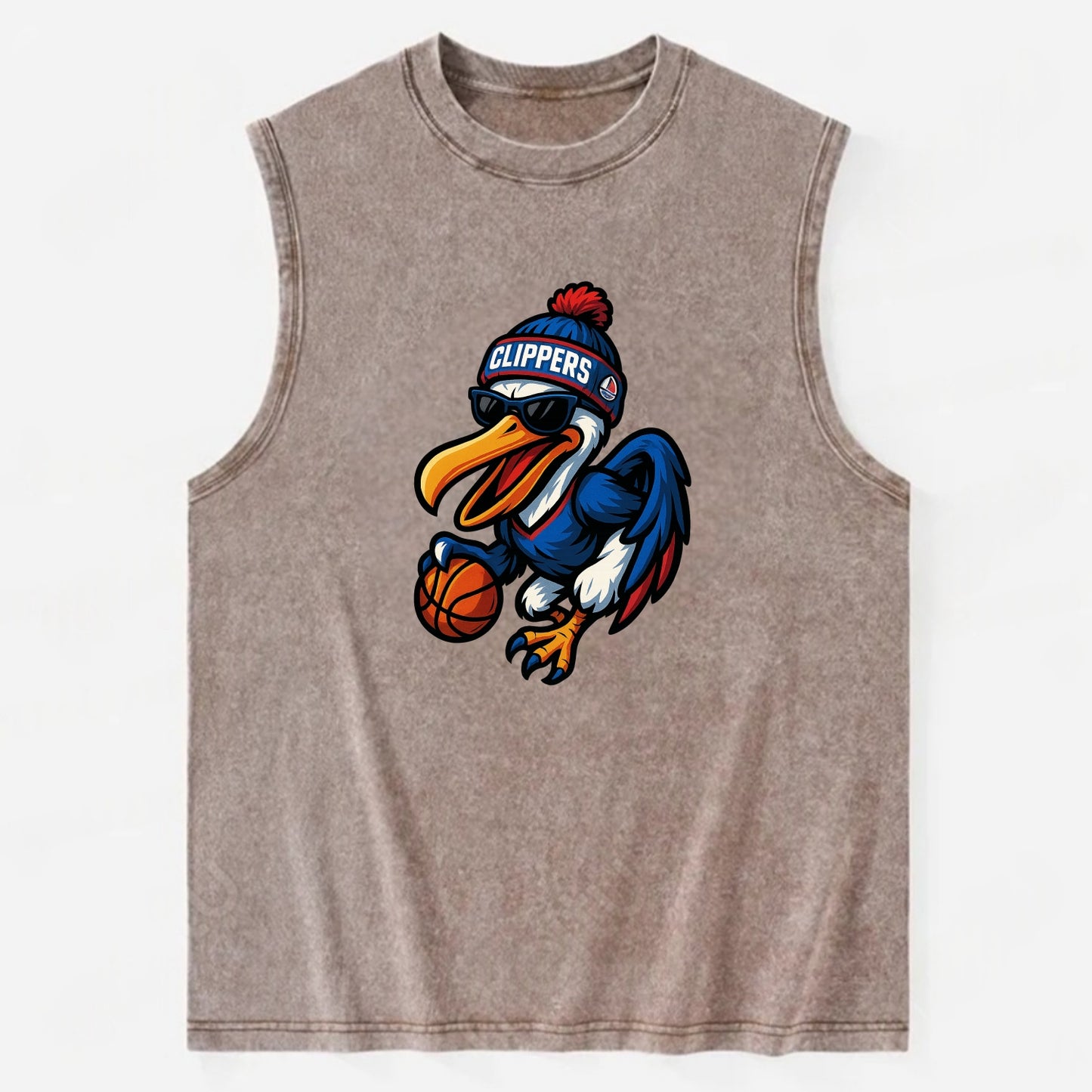 Los Angeles Pelican wearing Clippers beanie with sailboat patch and wayfarer - Vintage Washed Tank - Brown