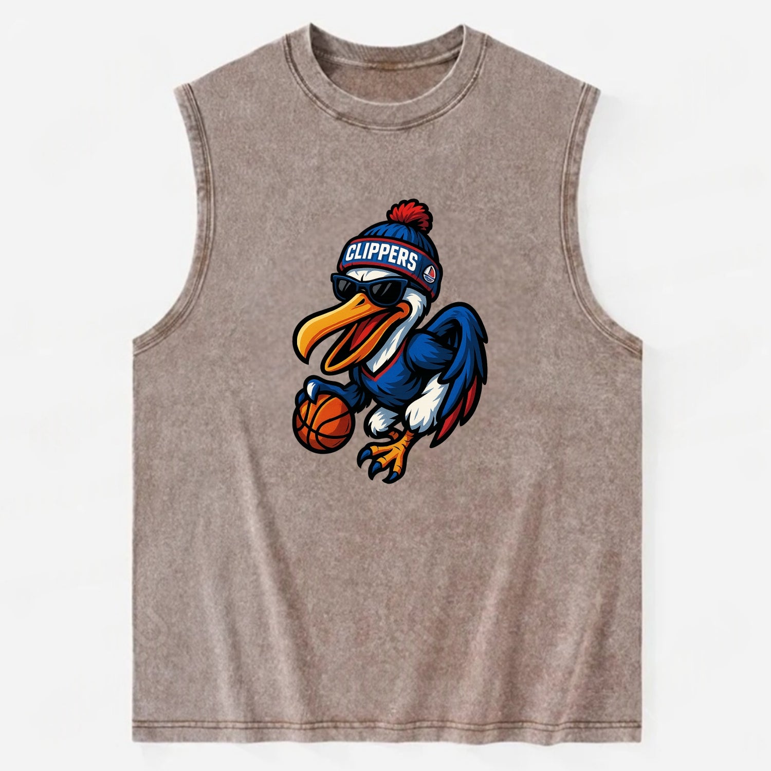 Los Angeles Pelican wearing Clippers beanie with sailboat patch and wayfarer - Vintage Washed Tank - Brown