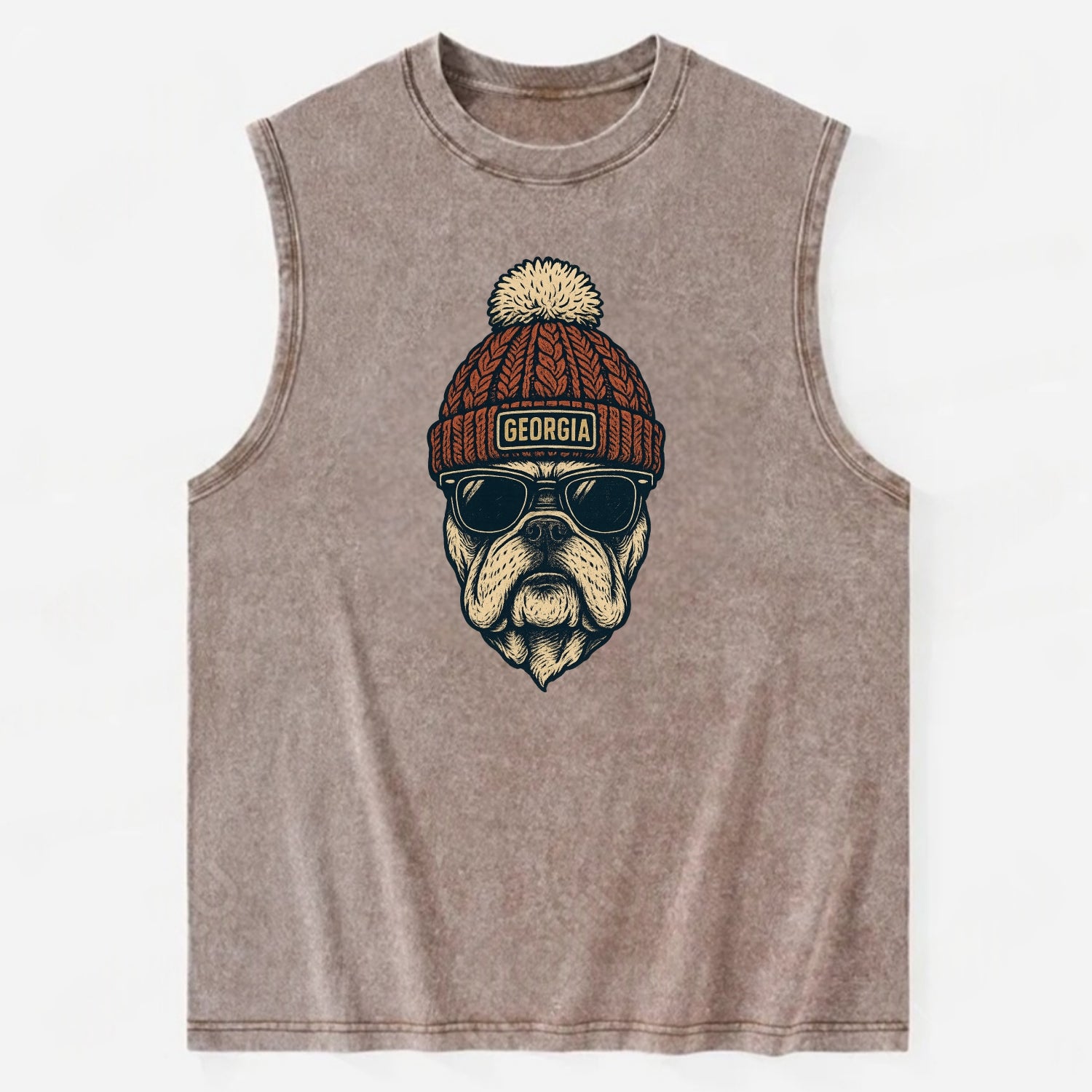 Athens Bulldog wearing Georgia beanie wi - Vintage Washed Tank - Brown