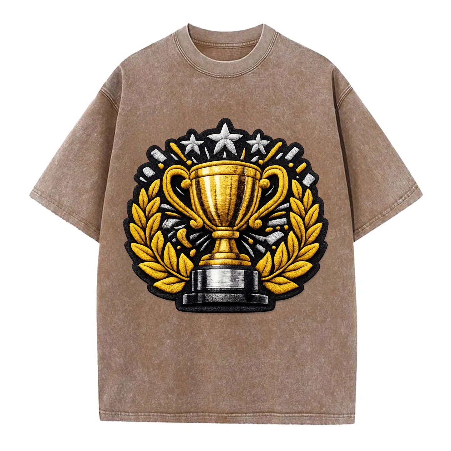 Embroidered patch design - CHAMPIONSHIP TROPHY - golden trophy cup with laurels - Vintage T-shirt - Brown