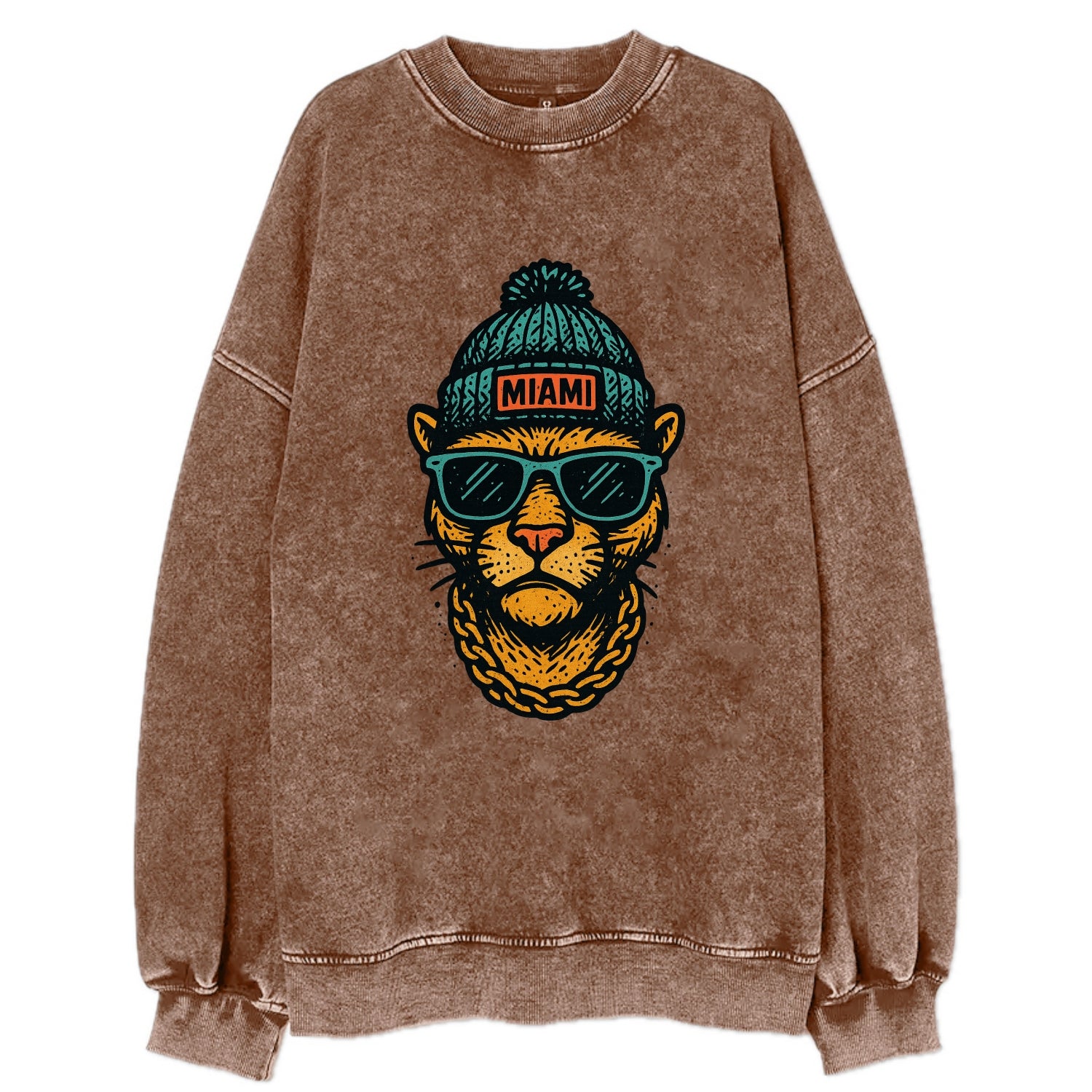 Florida Panther wearing Miami beanie with pom pom and wayfarer sunglasses - Vintage Sweatshirt - Brown