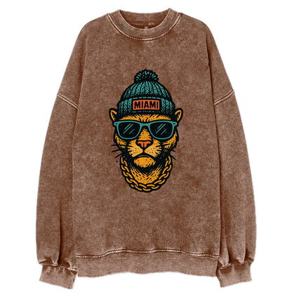 Florida Panther wearing Miami beanie with pom pom and wayfarer sunglasses - Vintage Sweatshirt - Brown