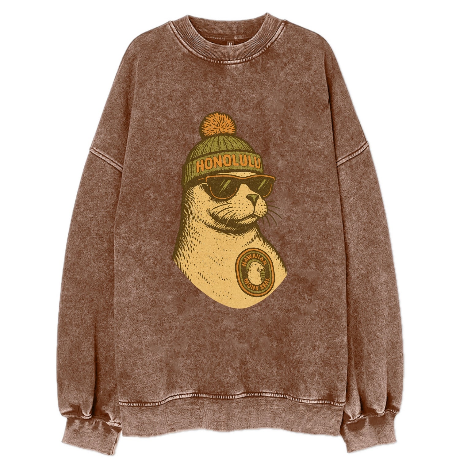 Hawaii Monk Seal wearing Honolulu beanie with pom pom and wayfarer sunglasses - Vintage Sweatshirt - Brown