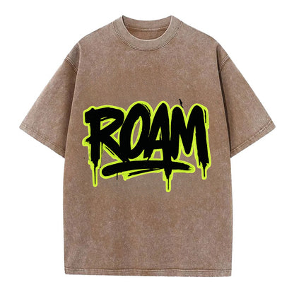 Bold typography design - "ROAM" - wander freely, no destination needed - Vintage T-shirt - Brown