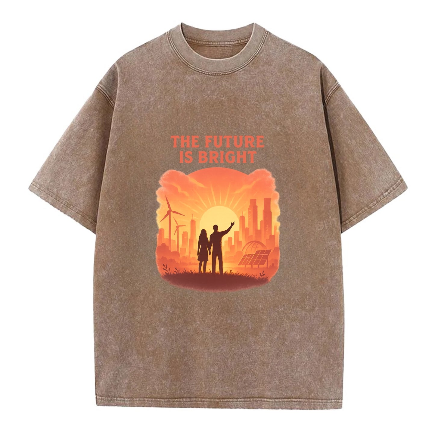 Sunrise over thriving sustainable city - "The Future is Bright" - optimistic - Vintage T-shirt - Brown
