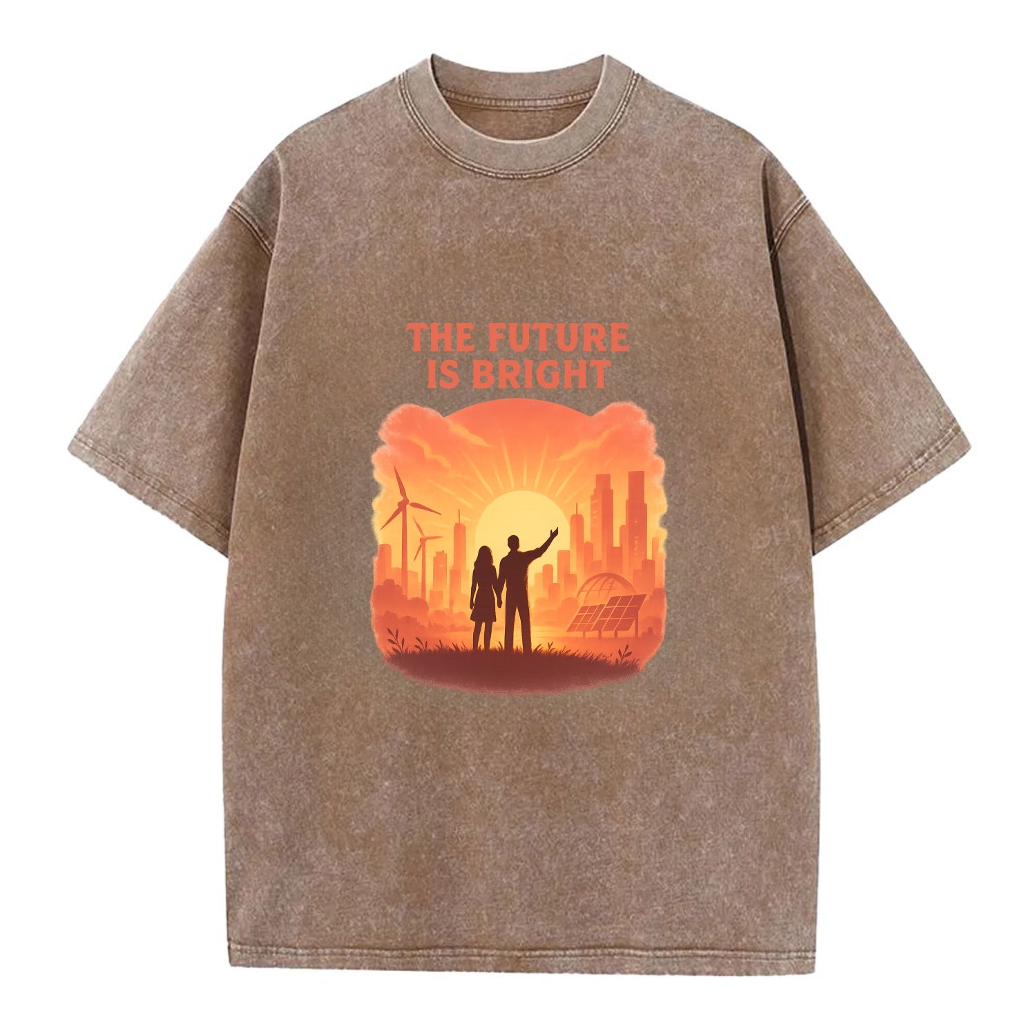 Sunrise over thriving sustainable city - "The Future is Bright" - optimistic - Vintage T-shirt - Brown