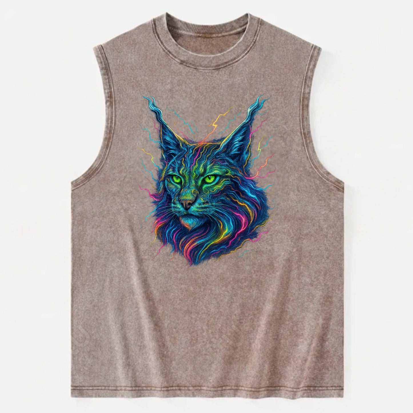 Wild lynx with ear tufts transforming into liquid mercury flows, silver and - Vintage Washed Tank - Brown